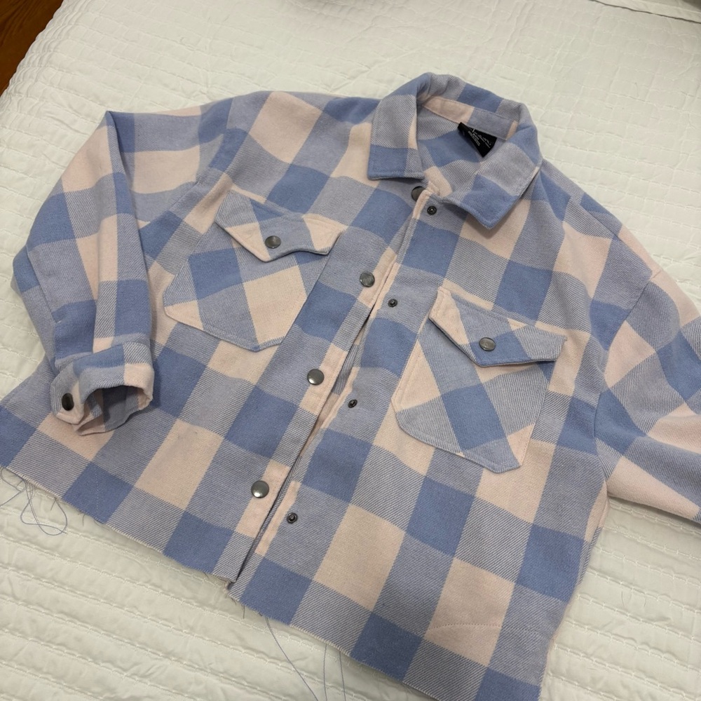 Blue and white Plaid cropped Button-Up Jacket